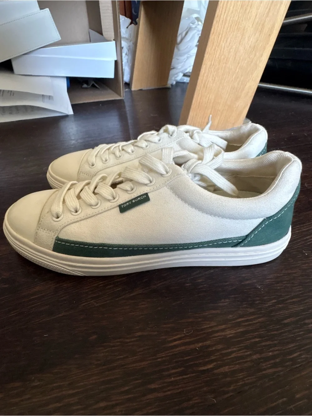 Tory Burch Cream Canvas Sneakers with Green Stripe